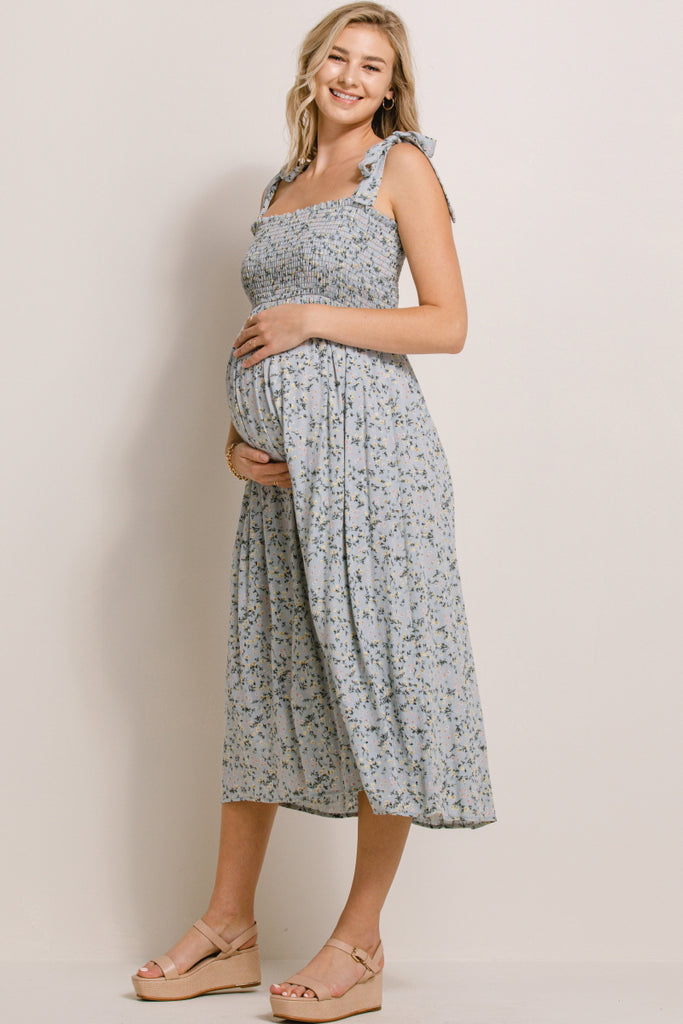 Sage Ditsy Floral Smocking Top Midi Maternity Dress