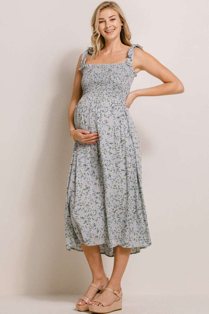 Sage Ditsy Floral Smocking Top Midi Maternity Dress