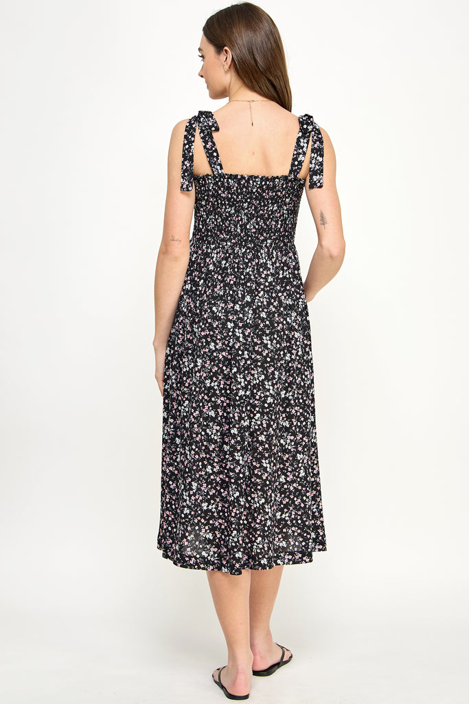 Black Ditsy Floral Smocking Top Midi Maternity Dress