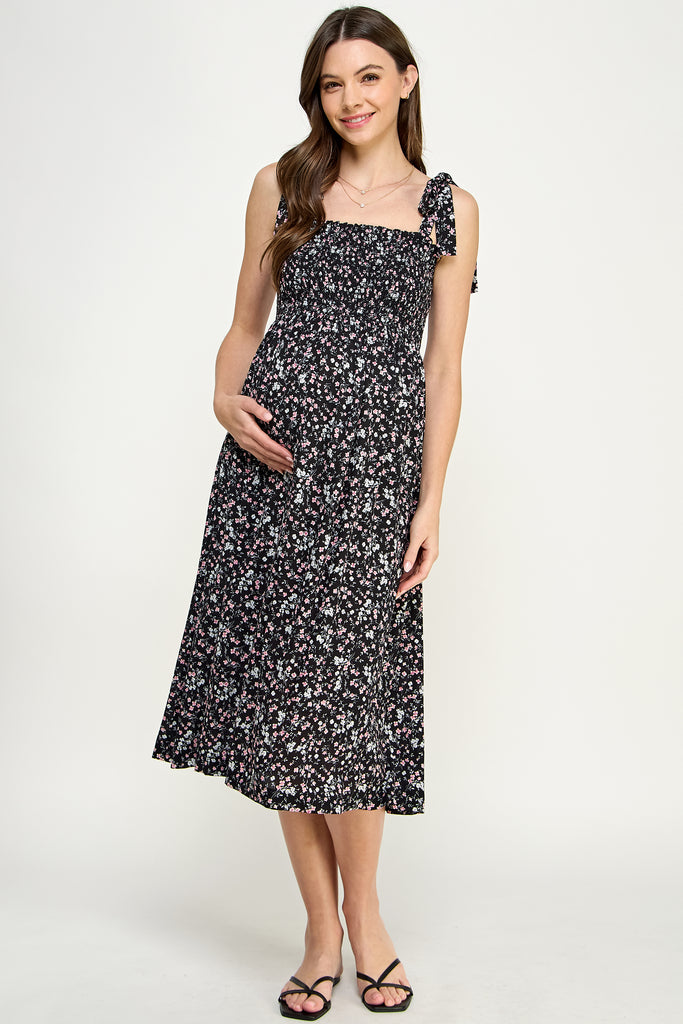 Black Ditsy Floral Smocking Top Midi Maternity Dress