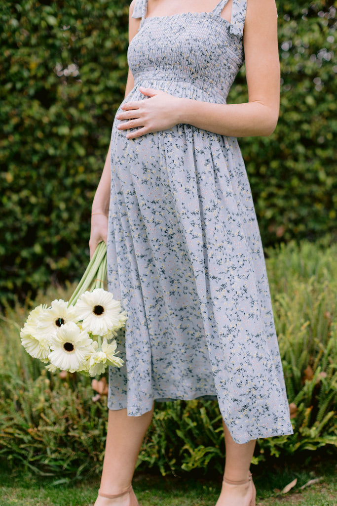 Sage Ditsy Floral Smocking Top Midi Maternity Dress