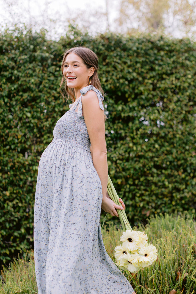 Sage Ditsy Floral Smocking Top Midi Maternity Dress