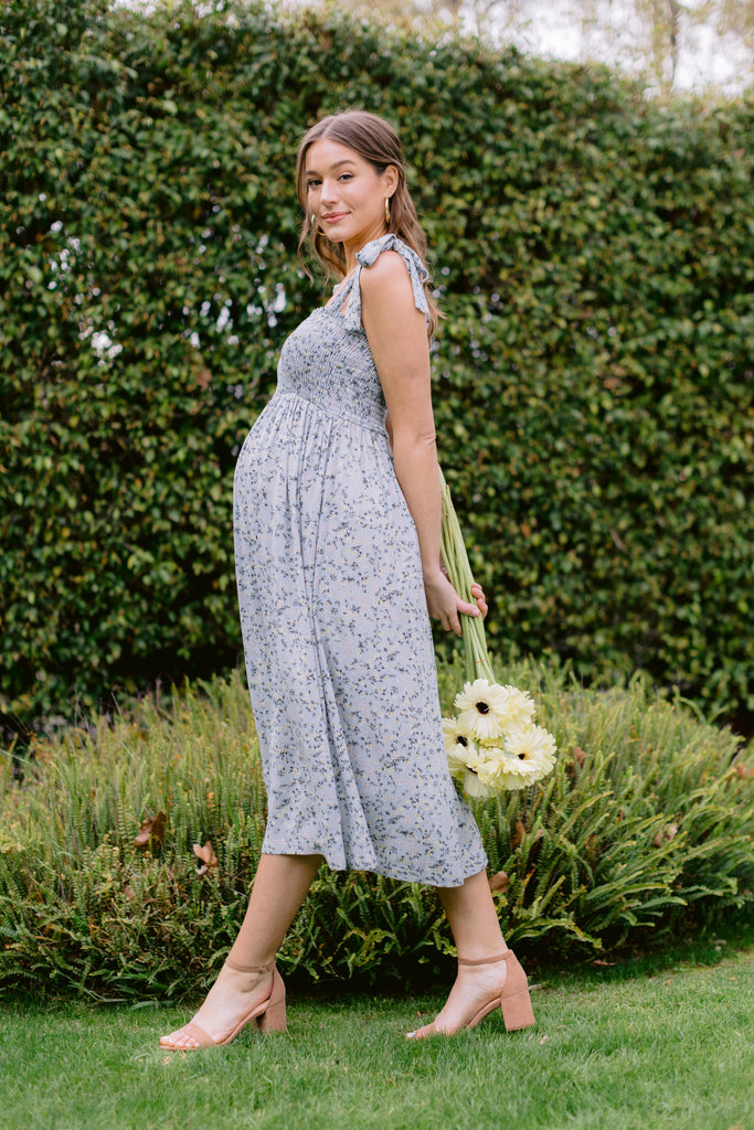 Sage Ditsy Floral Smocking Top Midi Maternity Dress