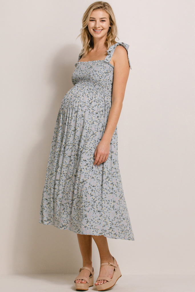 Sage Ditsy Floral Smocking Top Midi Maternity Dress