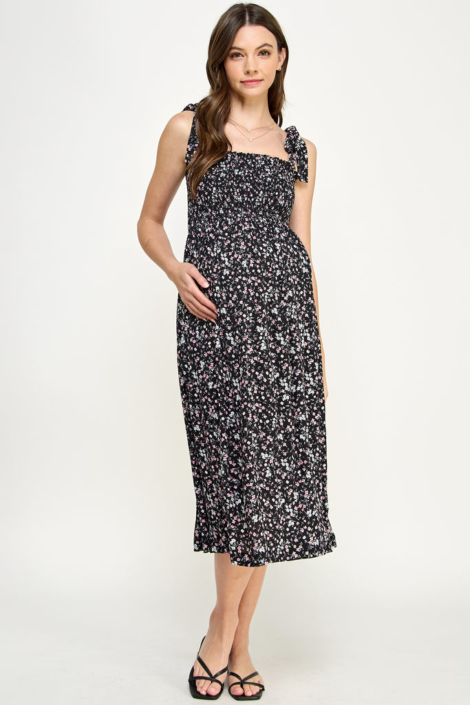 Black Ditsy Floral Smocking Top Midi Maternity Dress