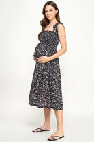 Black Ditsy Floral Smocking Top Midi Maternity Dress