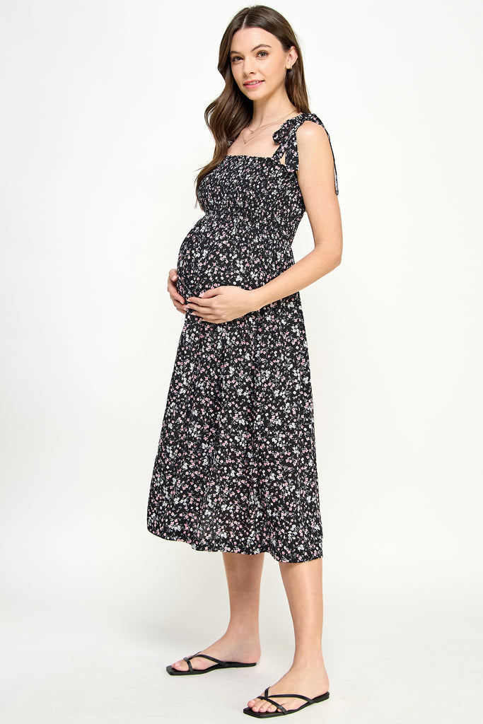 Black Ditsy Floral Smocking Top Midi Maternity Dress