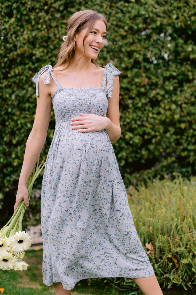 Sage Ditsy Floral Smocking Top Midi Maternity Dress