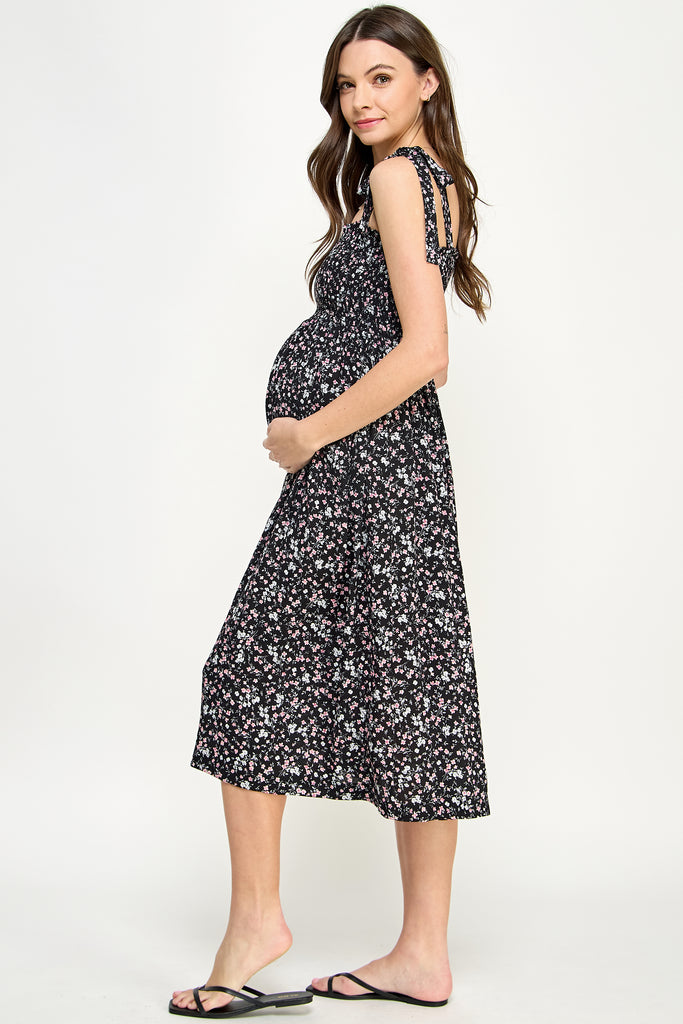 Black Ditsy Floral Smocking Top Midi Maternity Dress