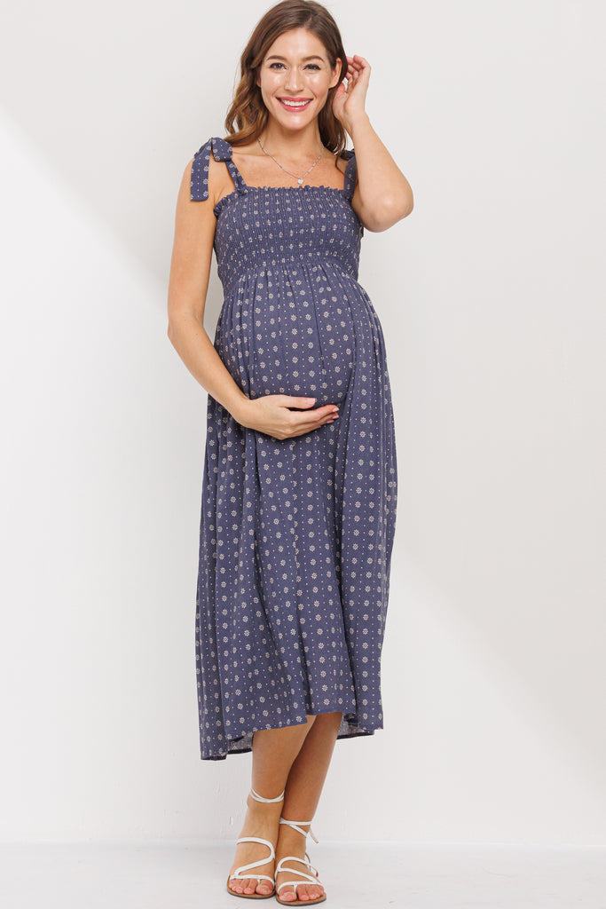 Navy Floral Smocking Top Midi Maternity Dress