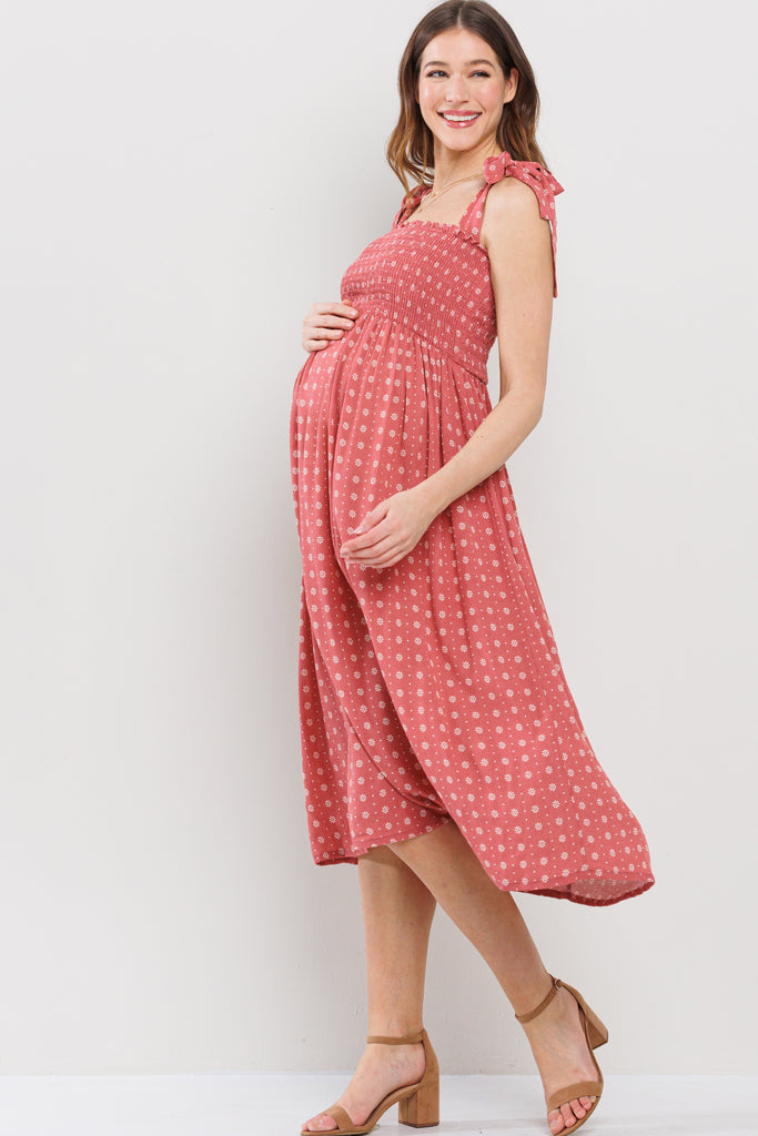 Marsala Floral Smocking Top Midi Maternity Dress