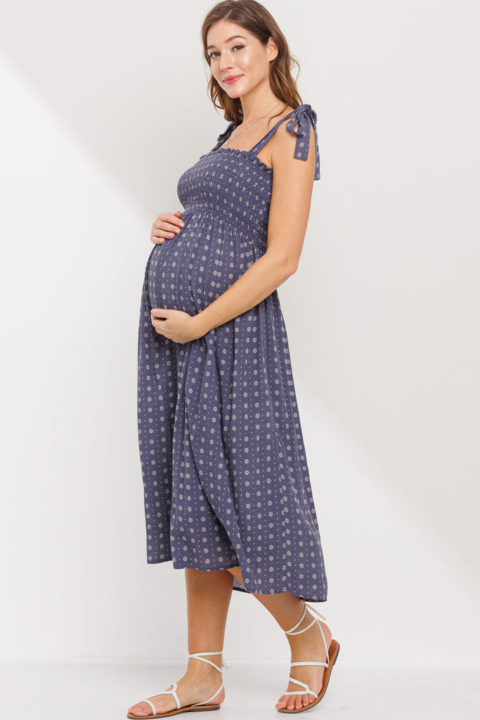 Navy Floral Smocking Top Midi Maternity Dress