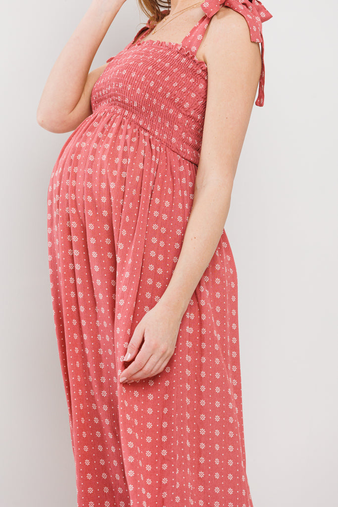 Marsala Floral Smocking Top Midi Maternity Dress