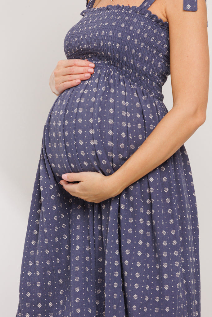 Navy Floral Smocking Top Midi Maternity Dress