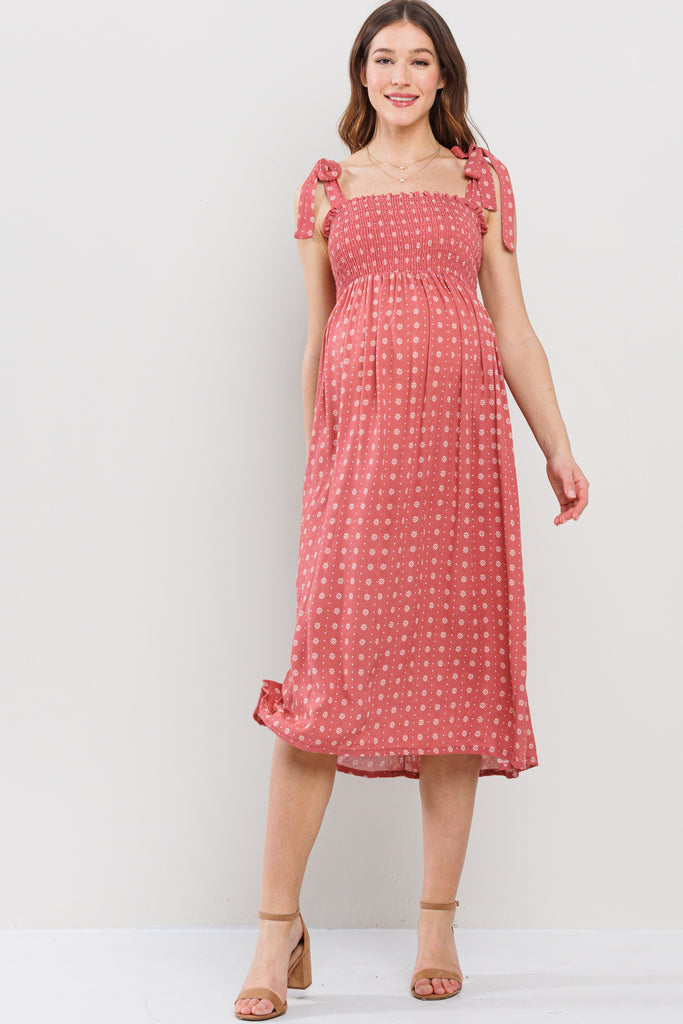 Marsala Floral Smocking Top Midi Maternity Dress