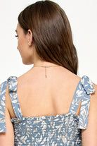 Denim Tropical Print Tie Sleeve Smocking Maternity Midi Dress
