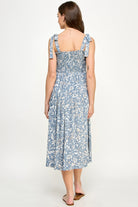 Denim Tropical Print Tie Sleeve Smocking Maternity Midi Dress