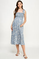 Denim Tropical Print Tie Sleeve Smocking Maternity Midi Dress