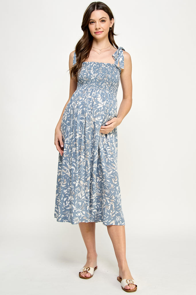 Denim Tropical Print Tie Sleeve Smocking Maternity Midi Dress