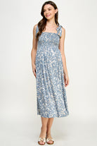 Denim Tropical Print Tie Sleeve Smocking Maternity Midi Dress