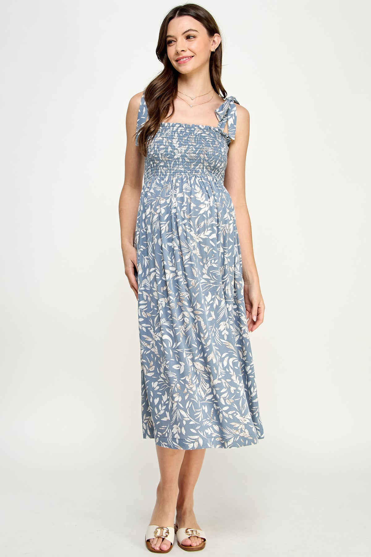 Denim Tropical Print Tie Sleeve Smocking Maternity Midi Dress