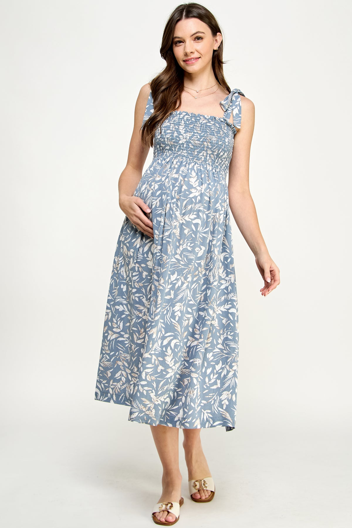 Denim Tropical Print Tie Sleeve Smocking Maternity Midi Dress