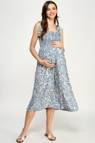 Denim Tropical Print Tie Sleeve Smocking Maternity Midi Dress