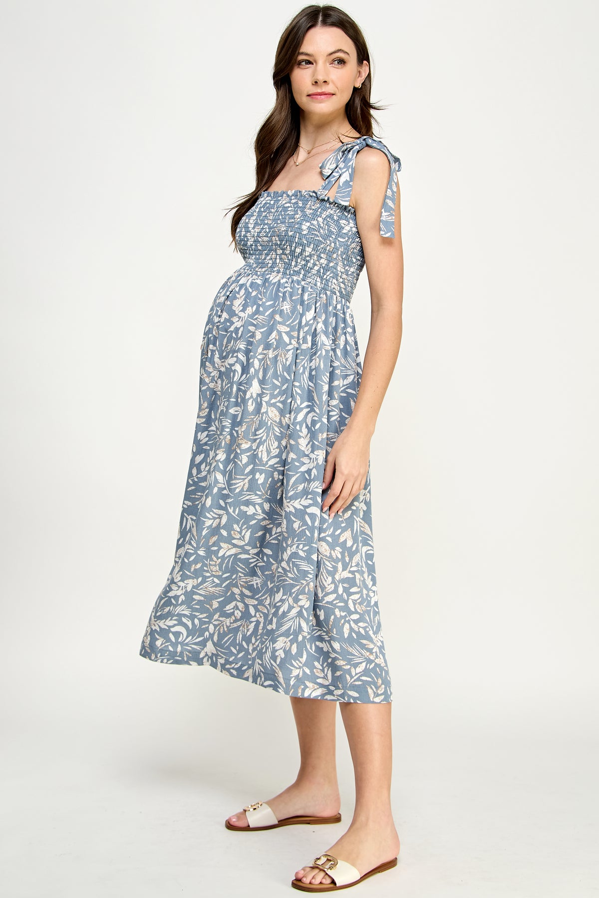 Denim Tropical Print Tie Sleeve Smocking Maternity Midi Dress
