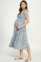 Denim Tropical Print Tie Sleeve Smocking Maternity Midi Dress