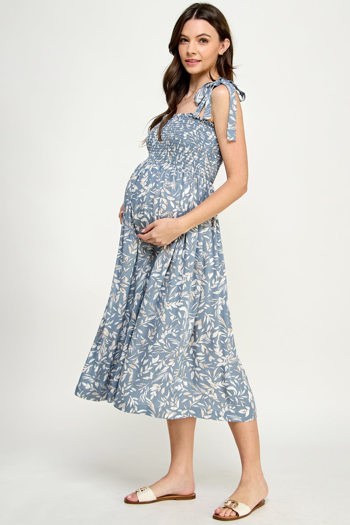 Denim Tropical Print Tie Sleeve Smocking Maternity Midi Dress