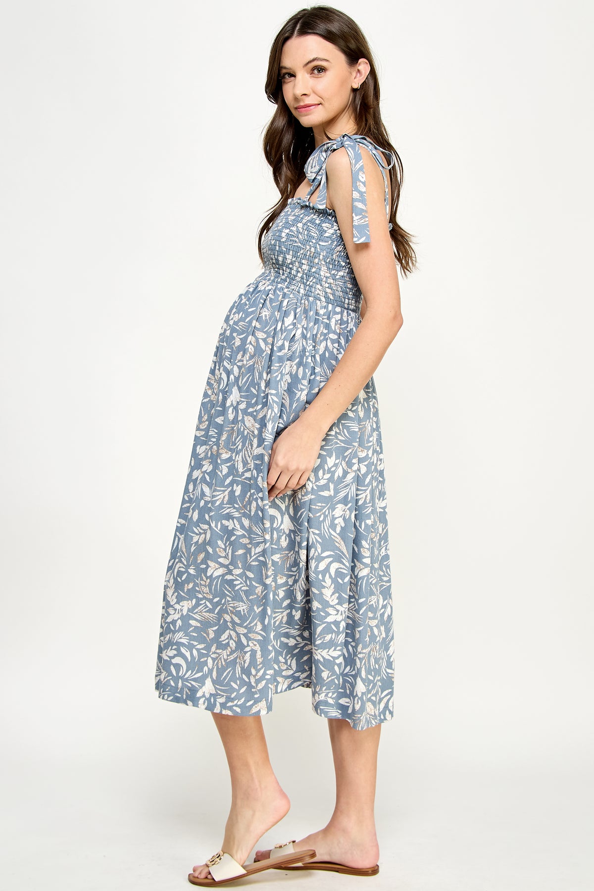 Denim Tropical Print Tie Sleeve Smocking Maternity Midi Dress