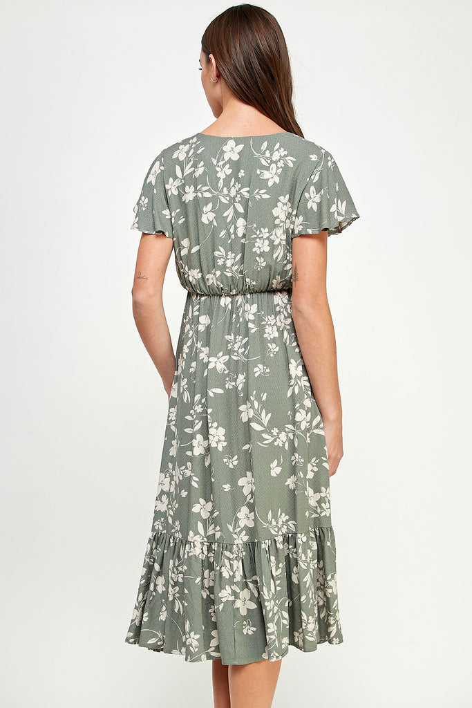 Green Floral V-Neck Midi Maternity Dress with a Ruffled Hem