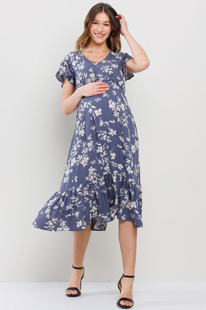 Denim Floral V-Neck Midi Maternity Dress with a Ruffled Hem
