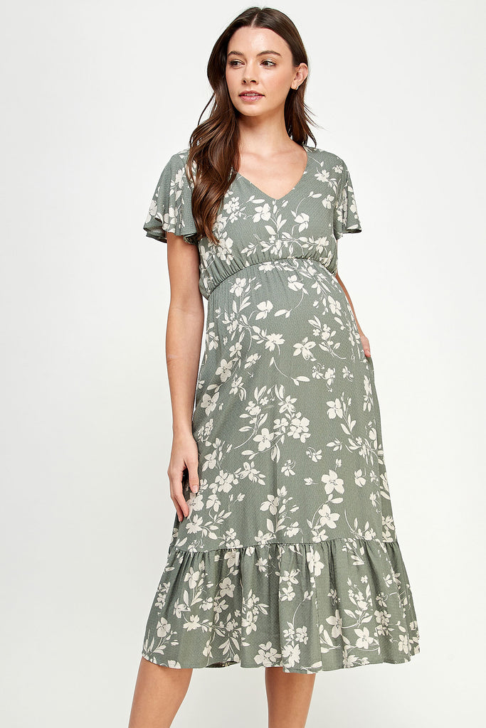 Green Floral V-Neck Midi Maternity Dress with a Ruffled Hem