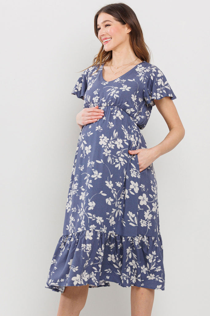 Denim Floral V-Neck Midi Maternity Dress with a Ruffled Hem