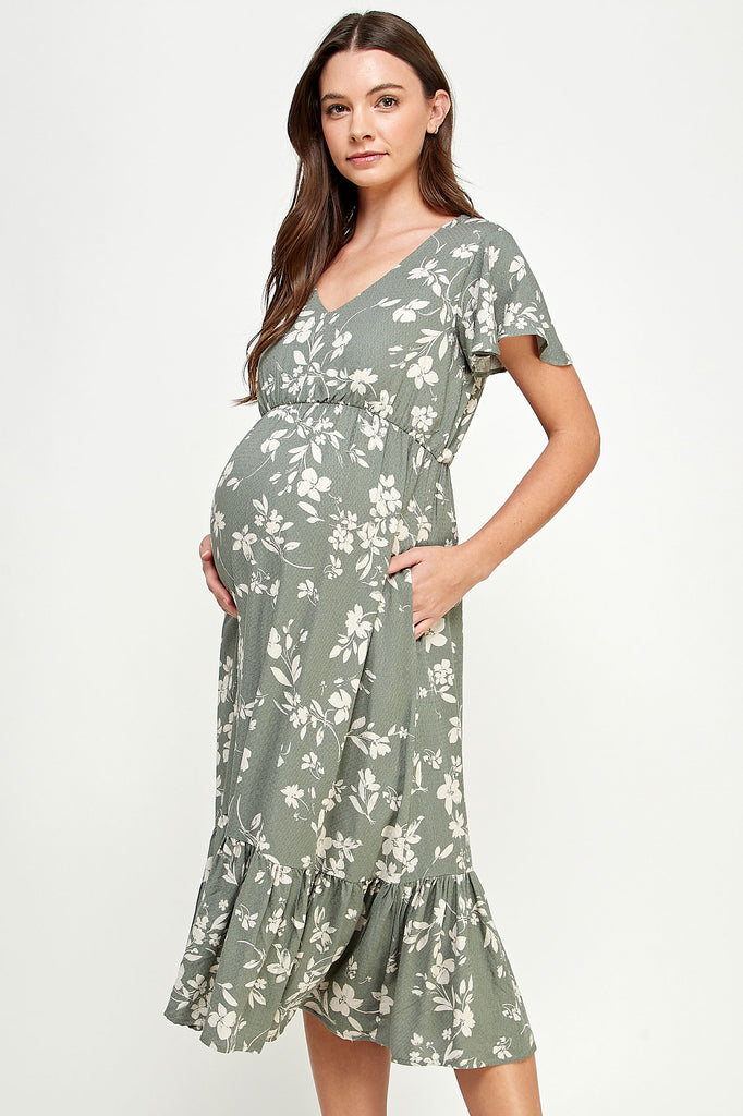 Green Floral V-Neck Midi Maternity Dress with a Ruffled Hem
