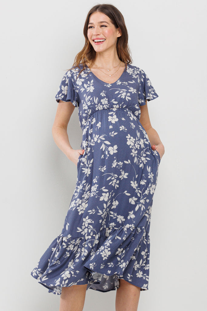 Denim Floral V-Neck Midi Maternity Dress with a Ruffled Hem