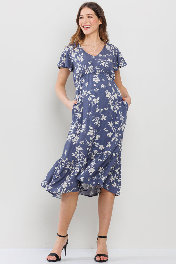 Denim Floral V-Neck Midi Maternity Dress with a Ruffled Hem