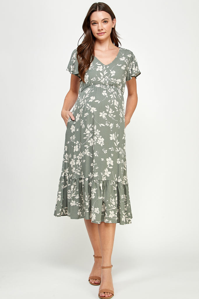 Green Floral V-Neck Midi Maternity Dress with a Ruffled Hem