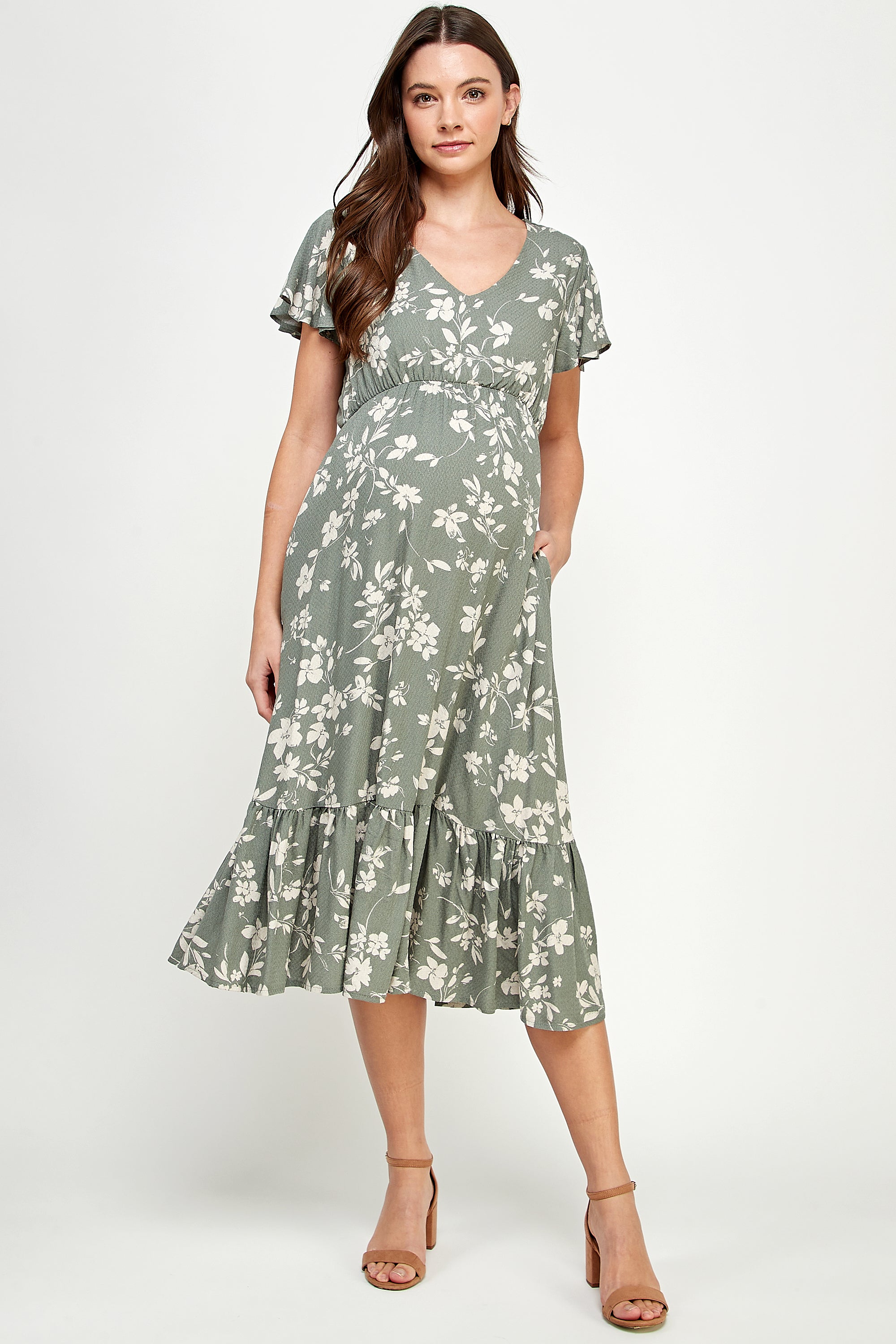 green floral maternity dress Floral V-Neck Midi Maternity Dress with a Ruffled Hem GREEN / MEDIUM