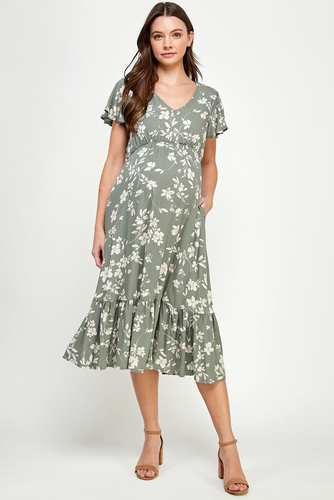 Green Floral V-Neck Midi Maternity Dress with a Ruffled Hem