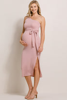 Mauve One Shoulder Waist Belt Ribbed Maternity Dress