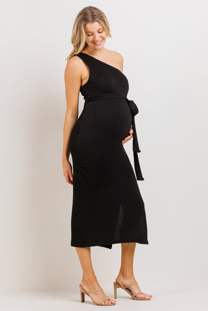 Black One Shoulder Waist Belt Ribbed Maternity Dress