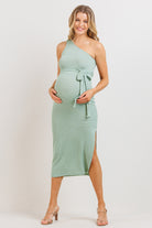 Sage One Shoulder Waist Belt Ribbed Maternity Dress