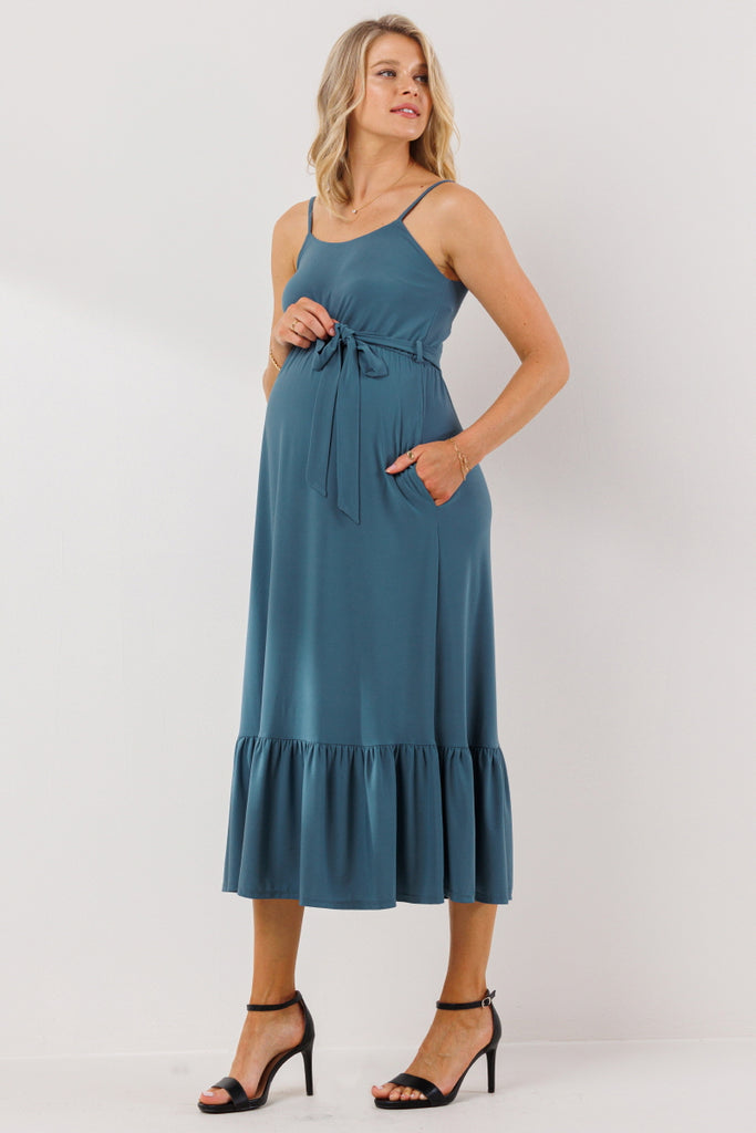 Denim Waist Tie Camisole Ruffle Finish Maternity Dress