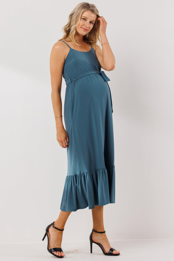 Denim Waist Tie Camisole Ruffle Finish Maternity Dress