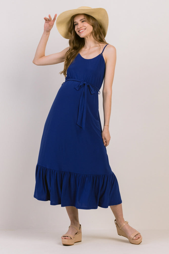 Royal Blue Waist Tie Camisole Ruffle Finish Maternity Dress