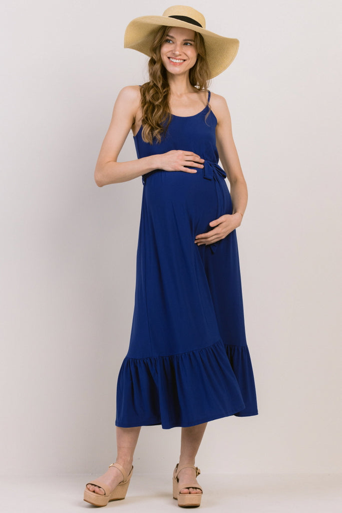 Royal Blue Waist Tie Camisole Ruffle Finish Maternity Dress