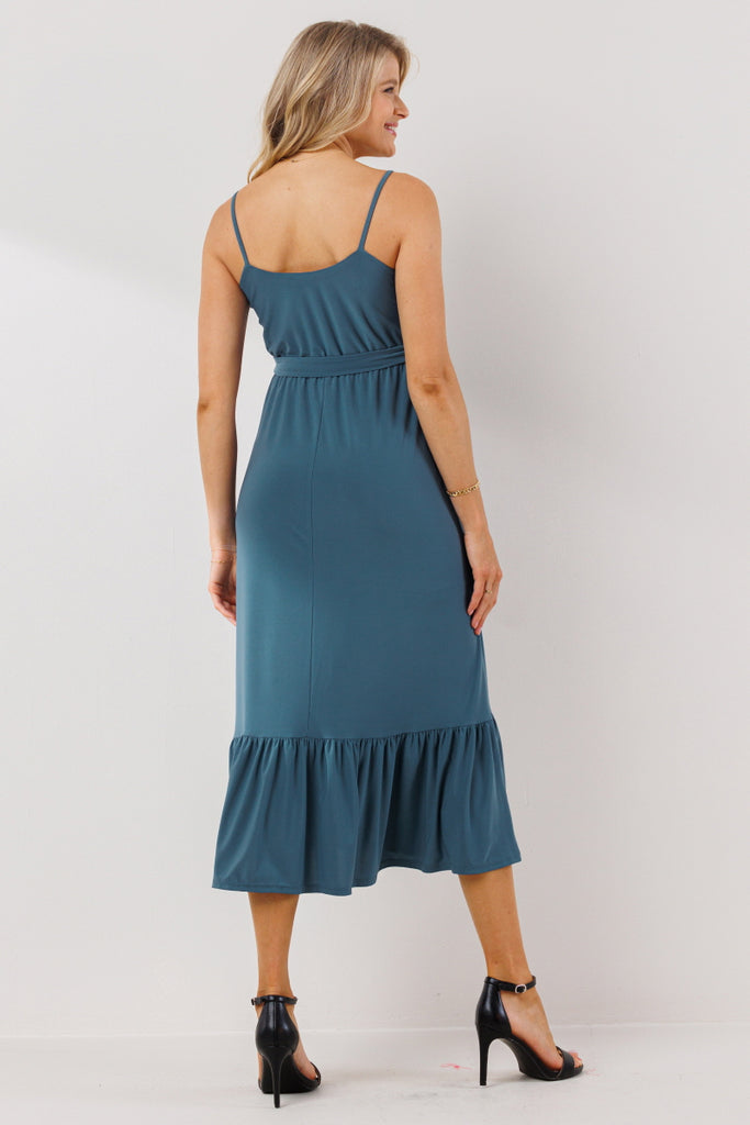 Denim Waist Tie Camisole Ruffle Finish Maternity Dress