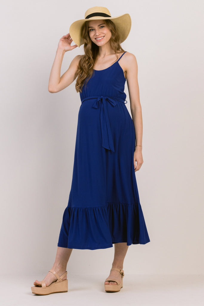 Royal Blue Waist Tie Camisole Ruffle Finish Maternity Dress